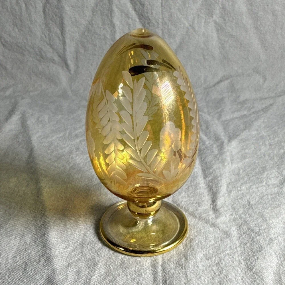 Amber Glass Egg Floral Etched Design Footed Base